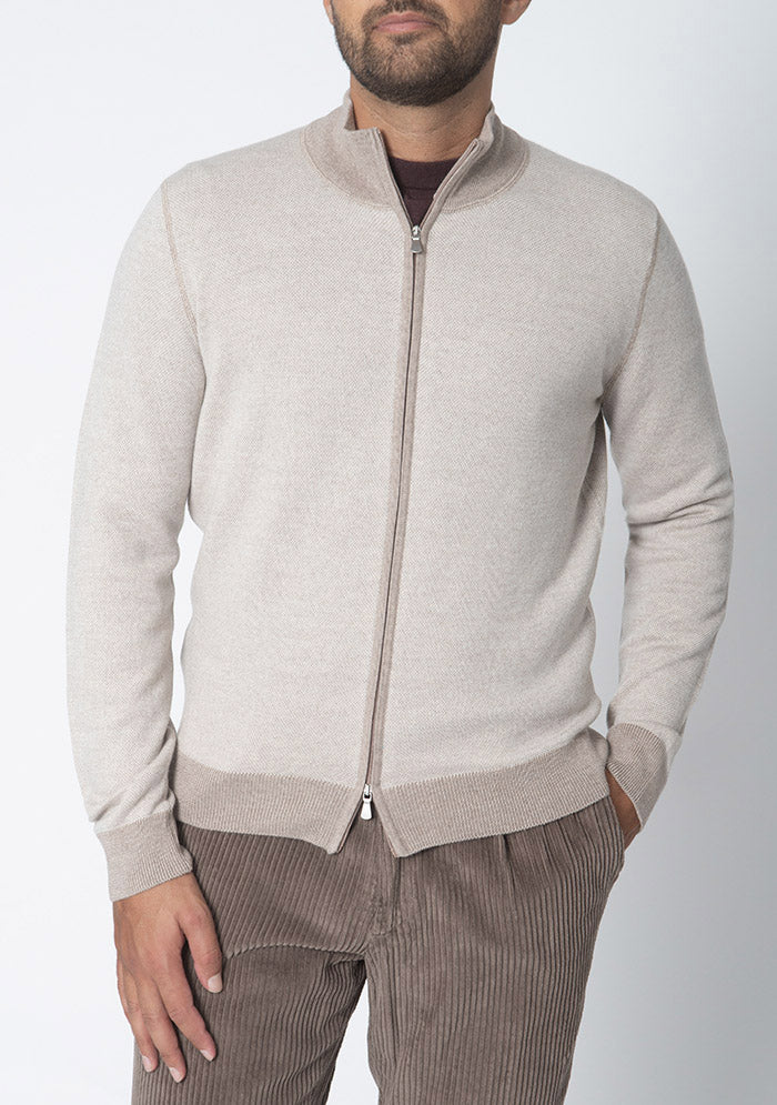 Vicenza beige Merino wool cardigan worn, Addison Geneva #color_beige