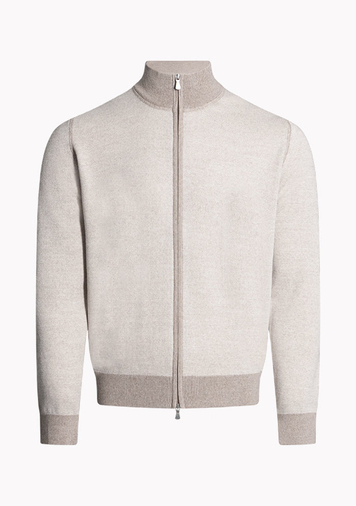 Men's beige Vicenza Merino wool full-zip cardigan with contrast trims, made in Italy #color_beige