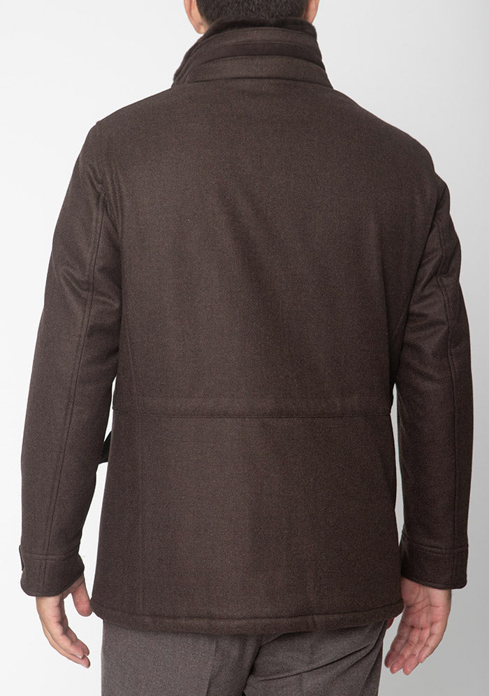 Verona dark brown parka with removable fur collar and Alcantara details #color_MORO