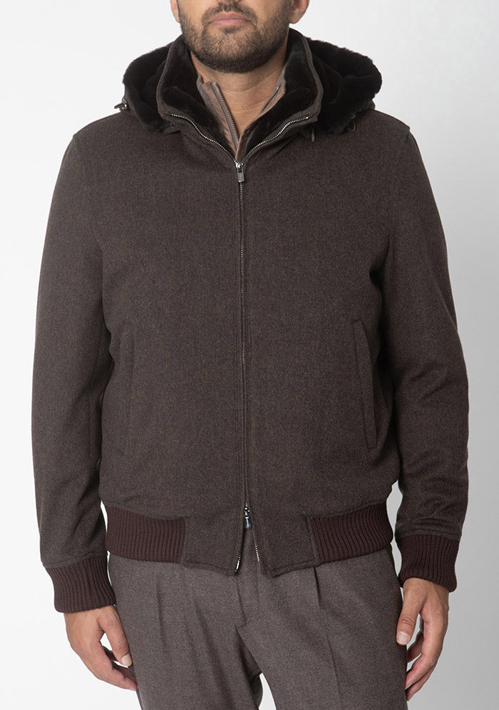 Men's brown hooded bomber with Rex fur lining and hood #color_brown