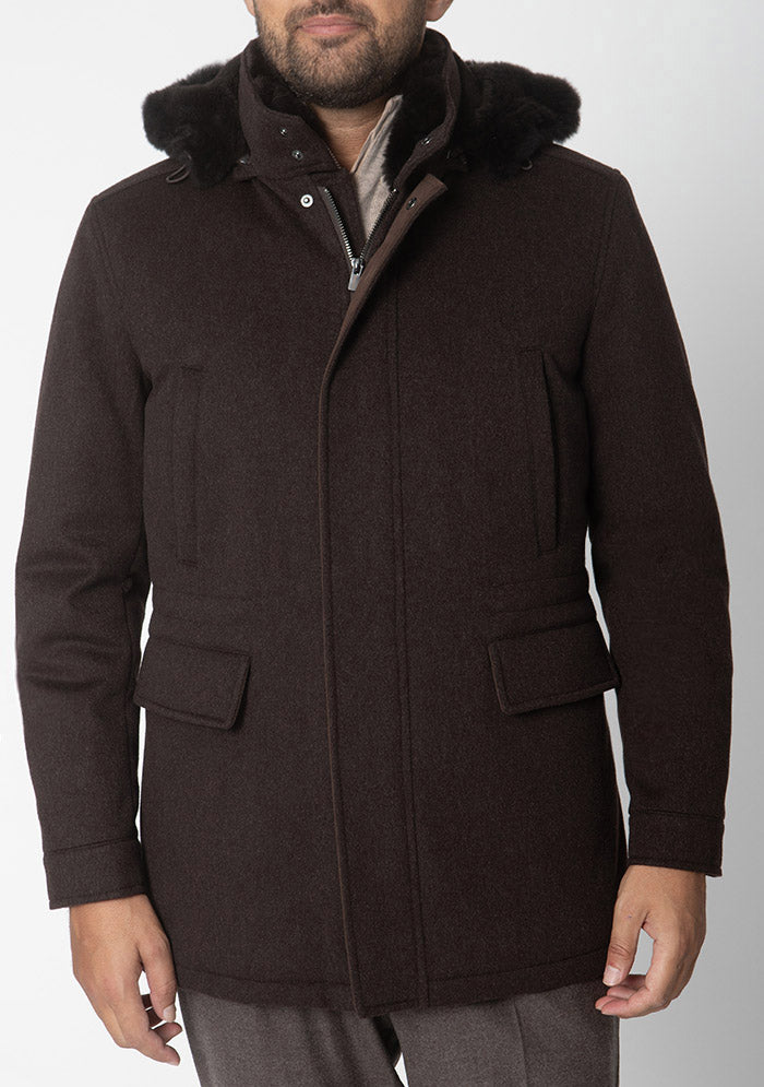 Men's Caligola cashmere parka in dark brown with beaver fur lining, Loro Piana Green Storm System, detail #color_moro