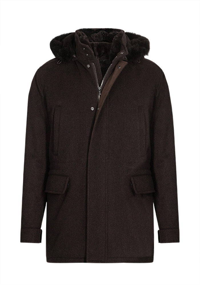 Men's Caligola cashmere parka in dark brown with beaver fur lining, Loro Piana Green Storm System #color_moro