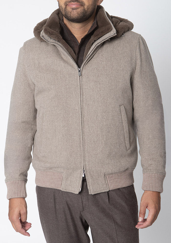 Tiberio taupe bomber with removable Rex fur hood, made in Italy #color_tortora