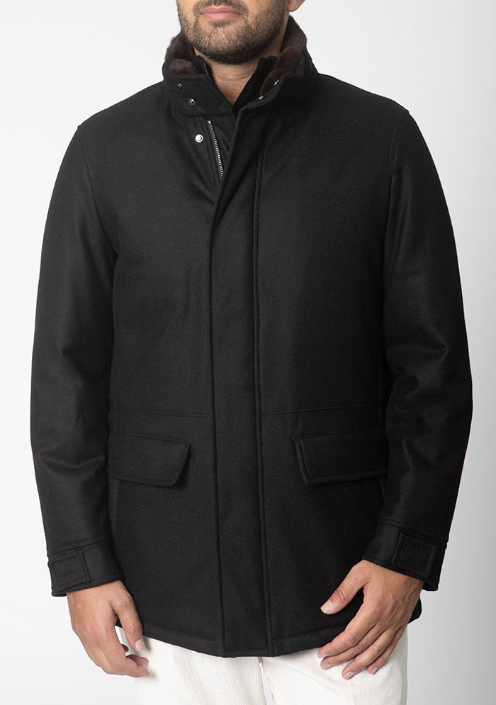 Men's black wool and cashmere parka with beaver fur collar #color_NERO