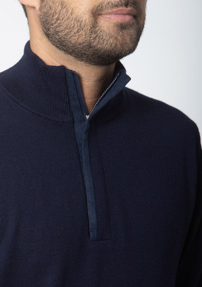 Navy Biella Merino half-zip, Alcantara zip collar detail #color_navy