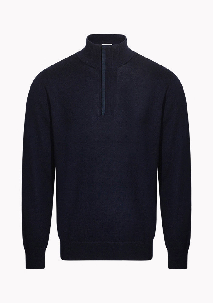 Men's navy Merino wool half-zip sweater with Alcantara-trimmed zip, Biella #color_navy