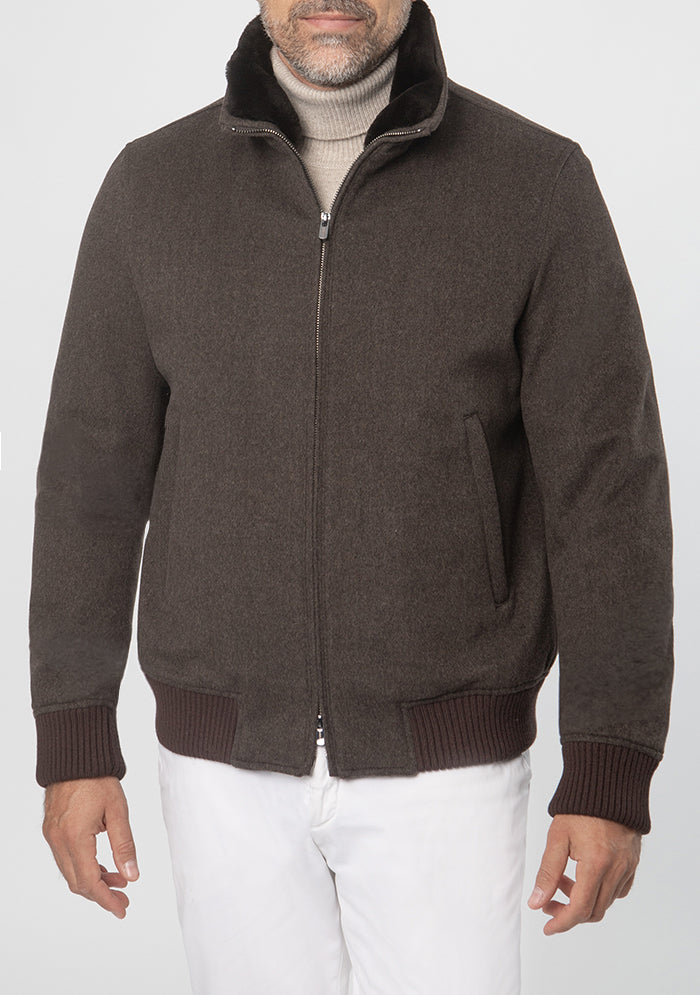 Aurelio brown wool bomber in Loro Piana Storm System fabric, made in Italy #color_brown