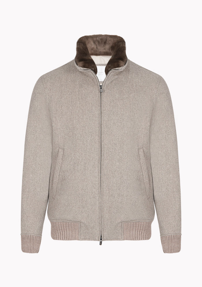 Men's tortora Loro Piana wool bomber with detachable beaver fur collar, Aurelio #color_tortora