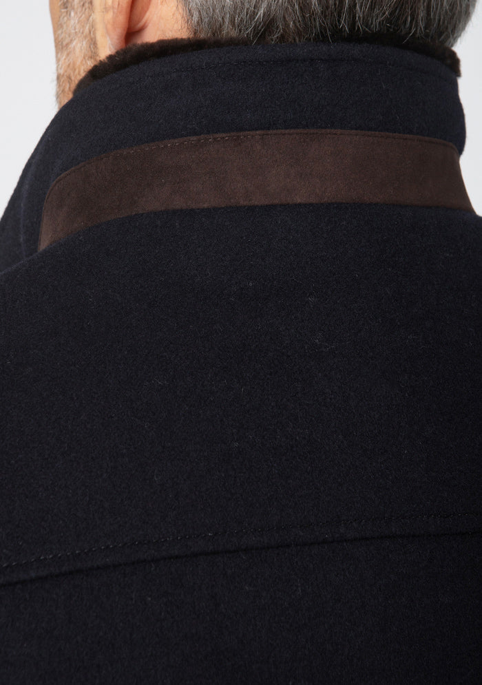 Navy Aurelio wool bomber, beaver fur collar and Alcantara collar detail #color_navy