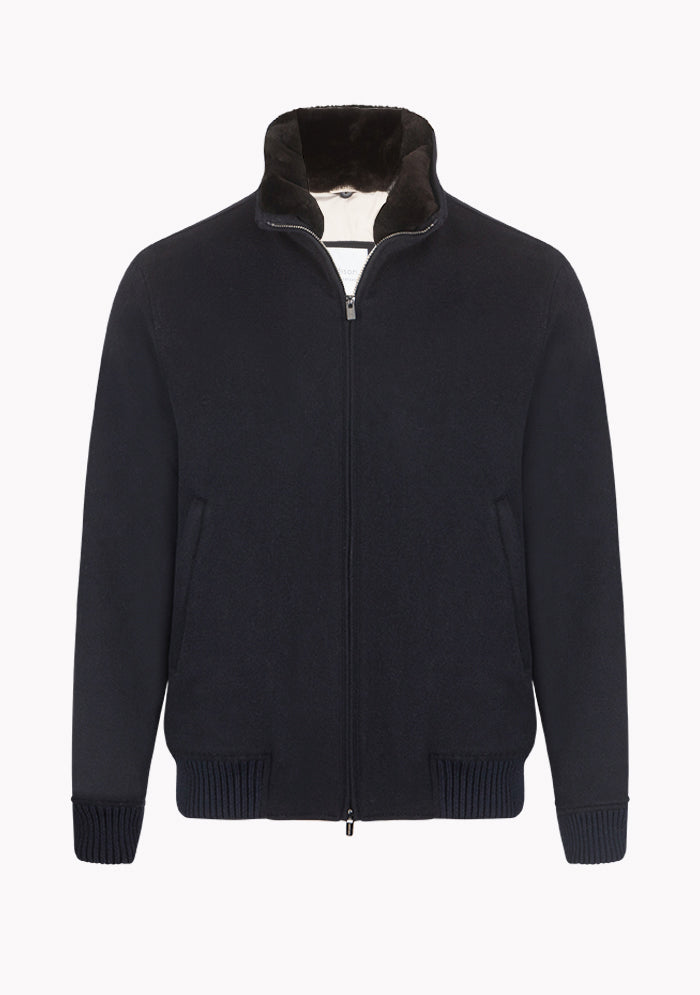 Men's navy Loro Piana wool bomber with detachable beaver fur collar, Aurelio #color_navy