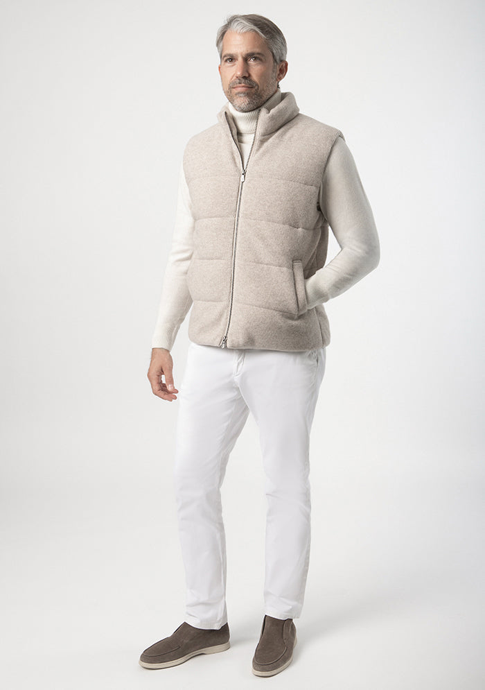 Beige wool cashmere puffer vest for men #color_MILLET