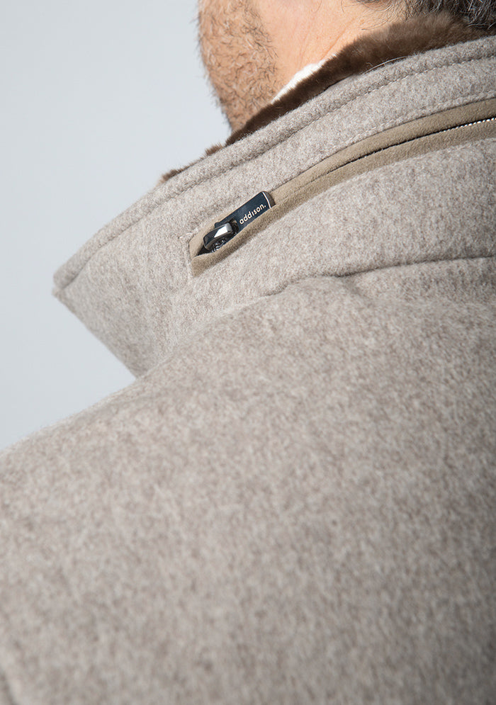 Tortora Breras wool vest, beaver fur collar and Alcantara zip detail #color_tortora