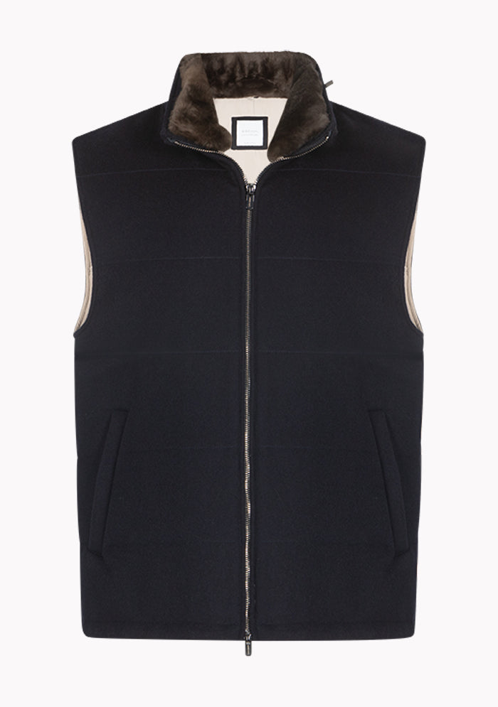 Men's navy Loro Piana wool vest with detachable beaver fur collar, Breras #color_blu
