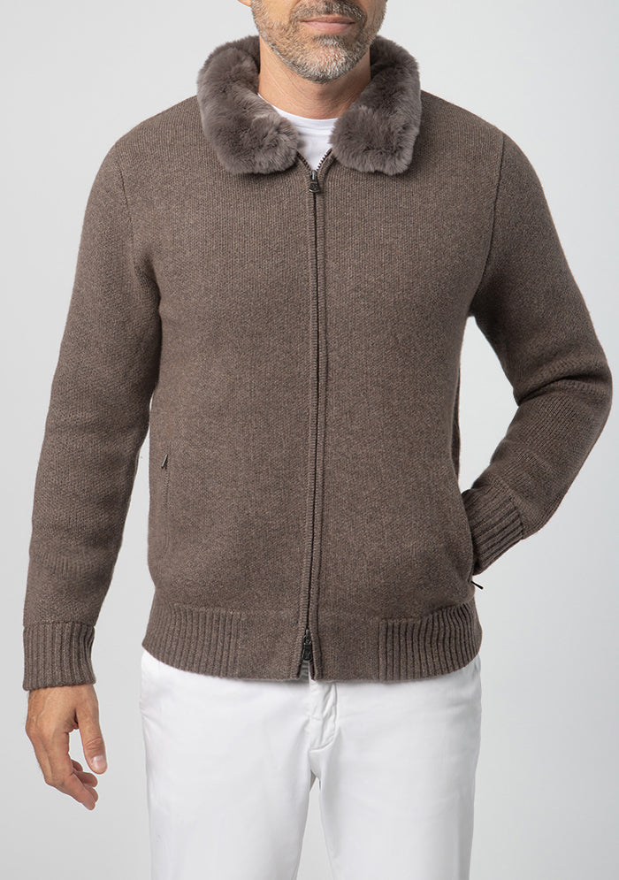 Men's Trieste Wool & Cashmere Zip Cardigan with Rex Fur Collar in grizzly brown, worn, Addison Geneva #color_grizzly