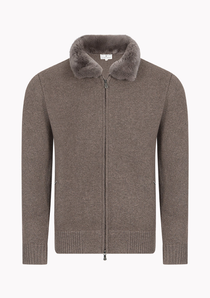 Men's Trieste Wool & Cashmere Zip Cardigan with Rex Fur Collar in grizzly brown, Addison Geneva #color_grizzly