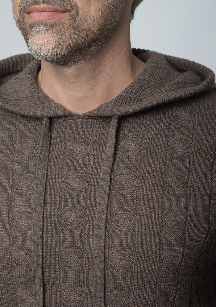 Stelvio Wool & Cashmere Cable-Knit Hoodie in grizzly brown, worn #color_GRIZZLY