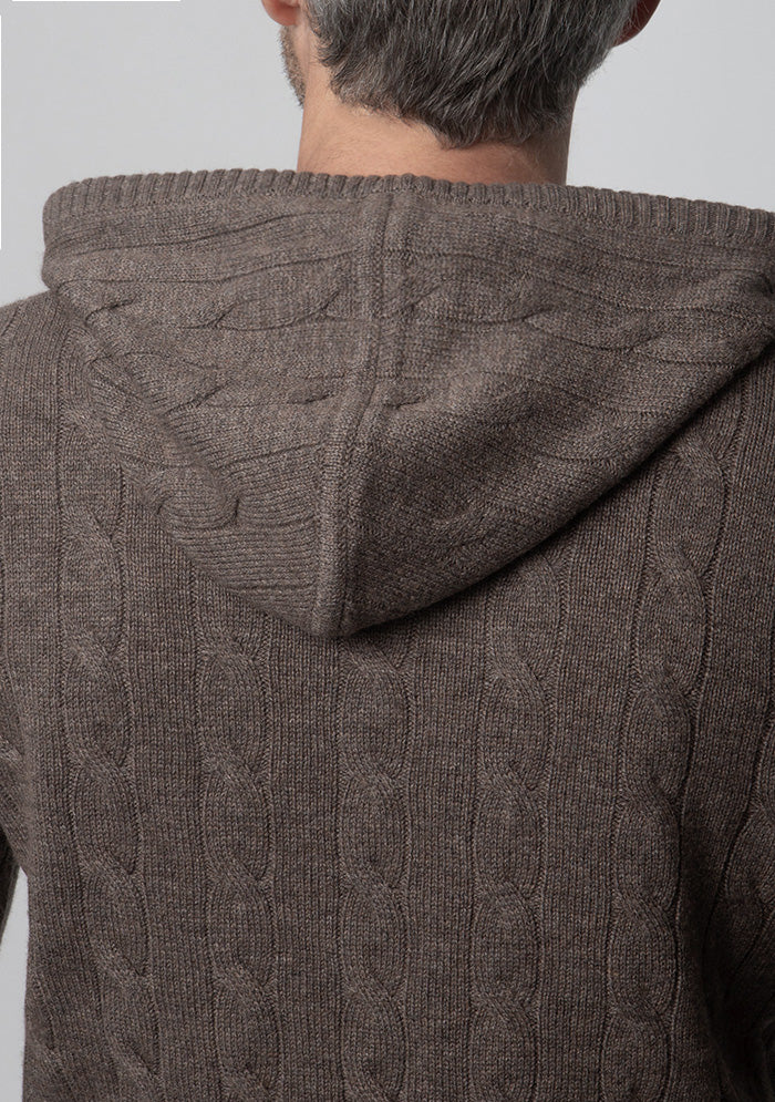 Stelvio Wool & Cashmere Cable-Knit Hoodie in grizzly brown, worn #color_GRIZZLY
