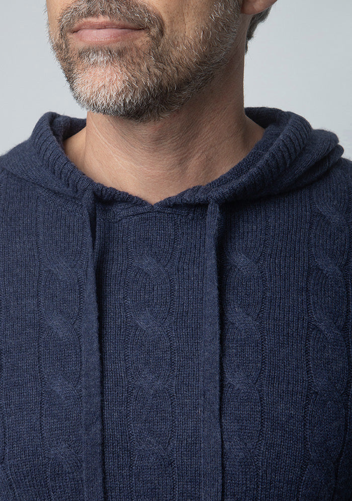 Stelvio Wool & Cashmere Cable-Knit Hoodie in indigo blue, worn #color_INDIGO