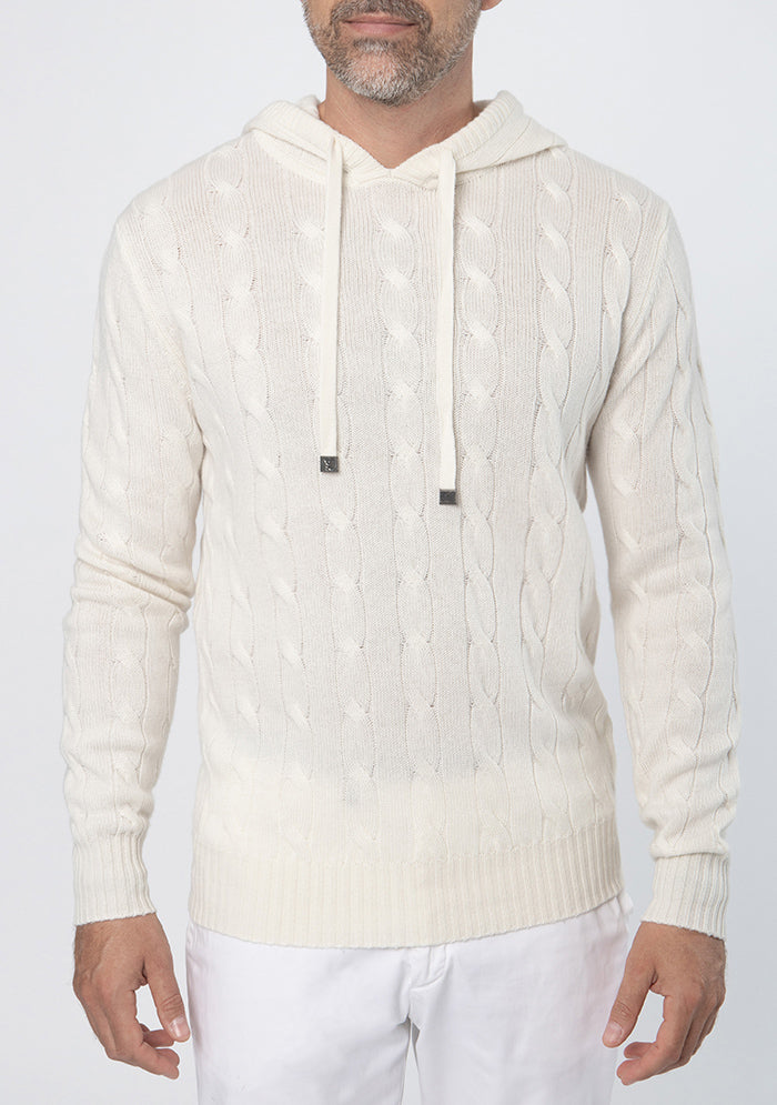 Stelvio Wool & Cashmere Cable-Knit Hoodie in chalk, worn #color_CHALK
