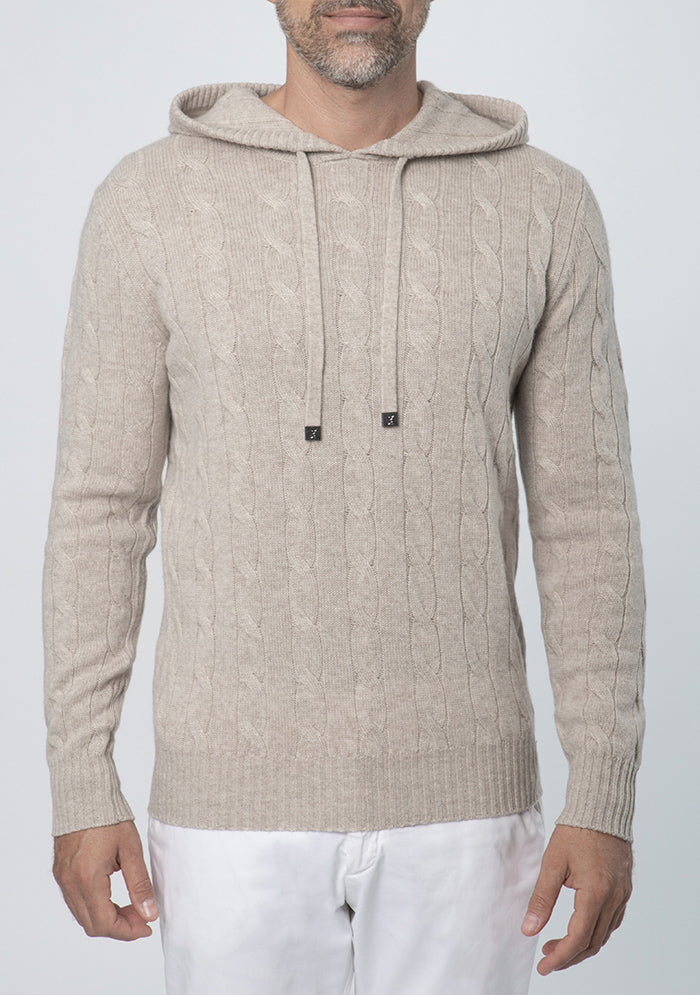 Stelvio Wool & Cashmere Cable-Knit Hoodie in millet beige, worn #color_MILLET