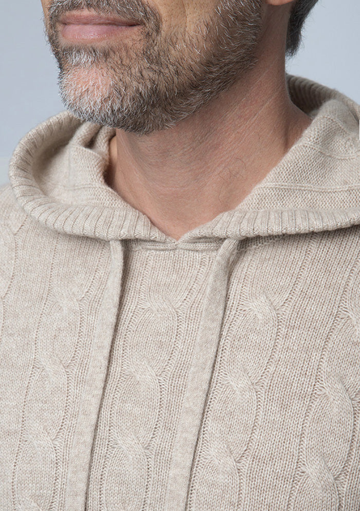 Stelvio Wool & Cashmere Cable-Knit Hoodie in millet beige, worn #color_MILLET