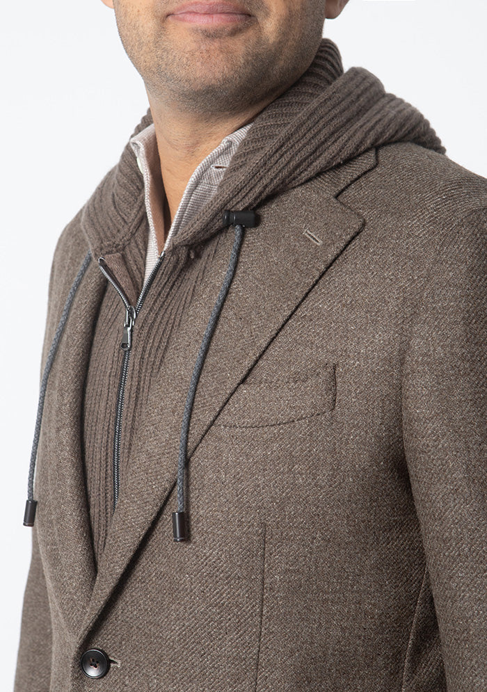 Men's Sestriere Wool Hooded Blazer in brown, removable inner vest with integrated hood, Addison Geneva #color_marrone