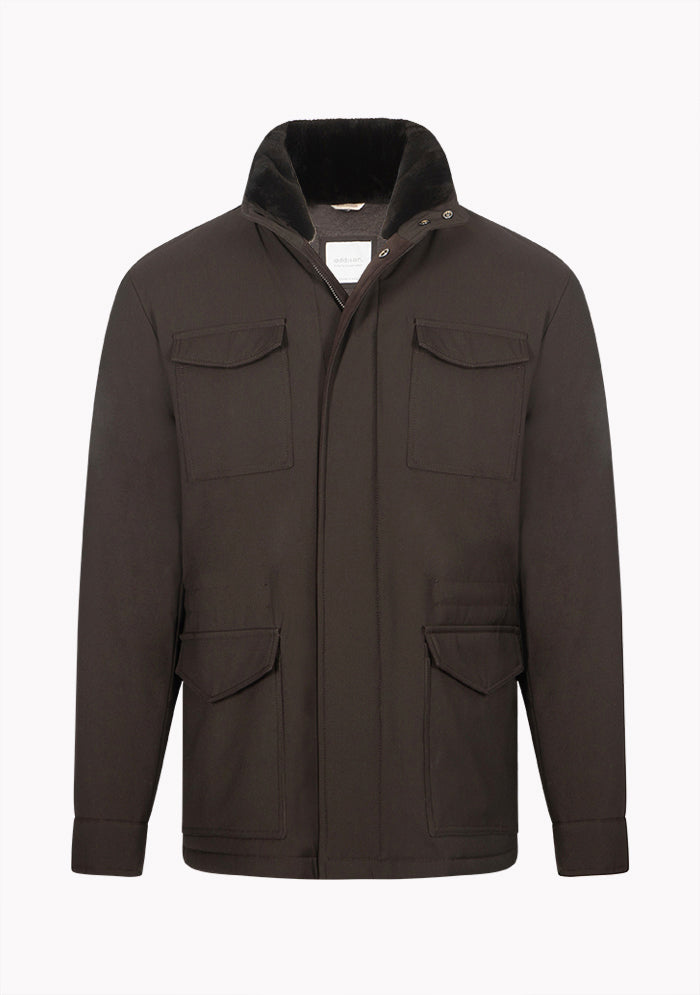 Men's Silvano stretch wool field jacket with beaver fur collar in moro, Addison Geneva #color_moro