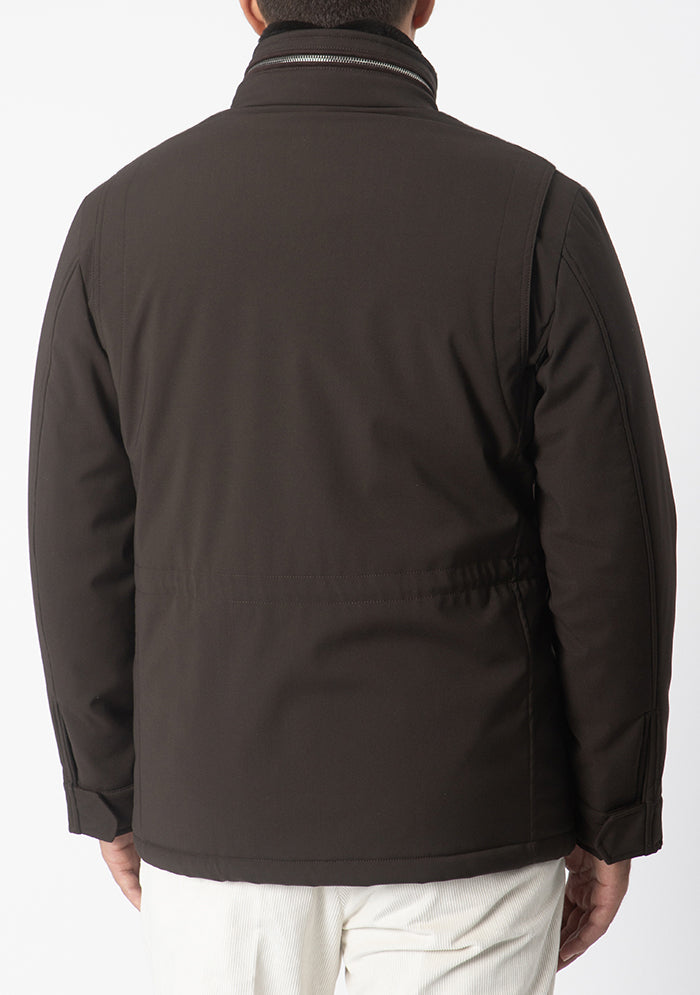 Men's Silvano stretch wool field jacket with beaver fur collar in moro, Addison Geneva #color_moro