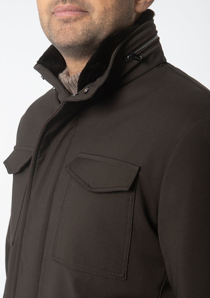 Men's Silvano stretch wool field jacket with beaver fur collar in moro, Addison Geneva #color_moro