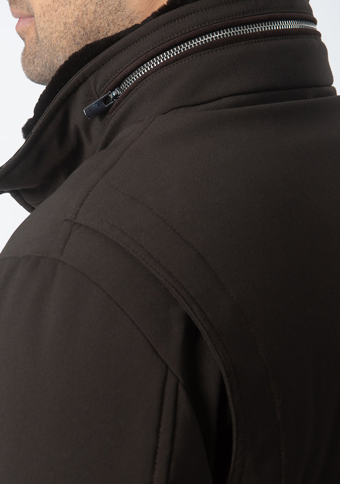Men's Silvano stretch wool field jacket with beaver fur collar in moro, Addison Geneva #color_moro