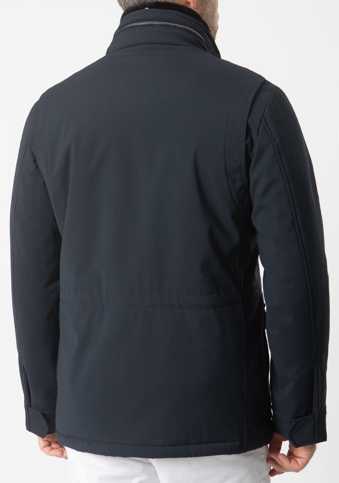 Men's Silvano stretch wool field jacket with beaver fur collar in navy, Addison Geneva #color_blu