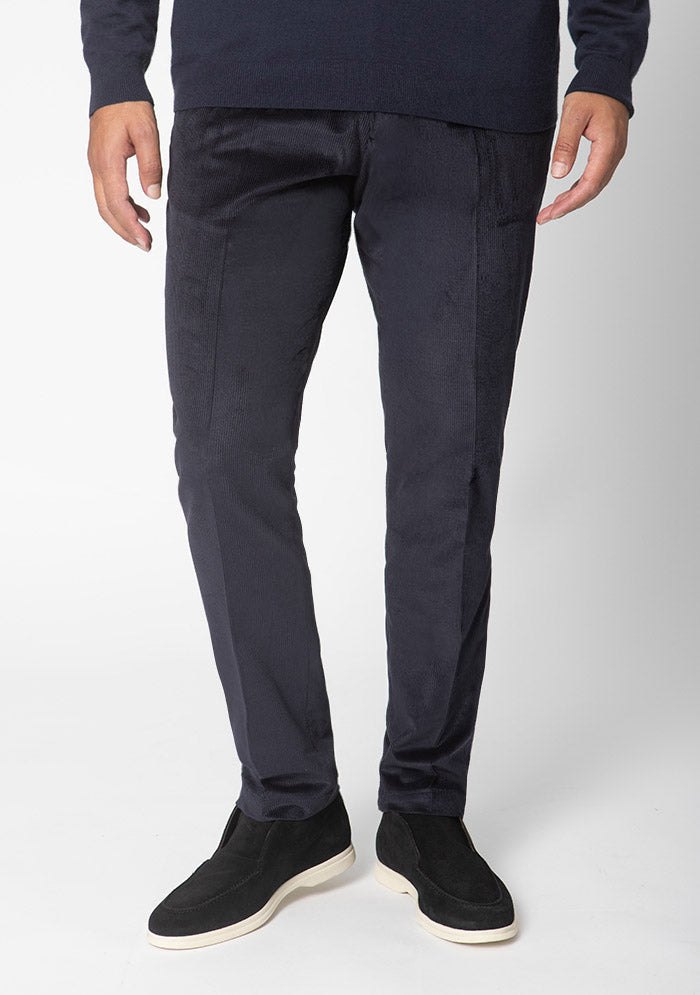 Men's St. Moritz Devore silk and cashmere drawstring trousers in navy, worn, made in Italy, Addison Geneva #color_navy