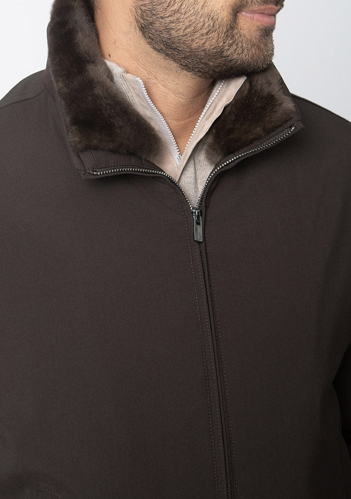 Men's Teo Nylon Bomber in moro dark brown, beaver fur collar detail, Addison Geneva #color_moro