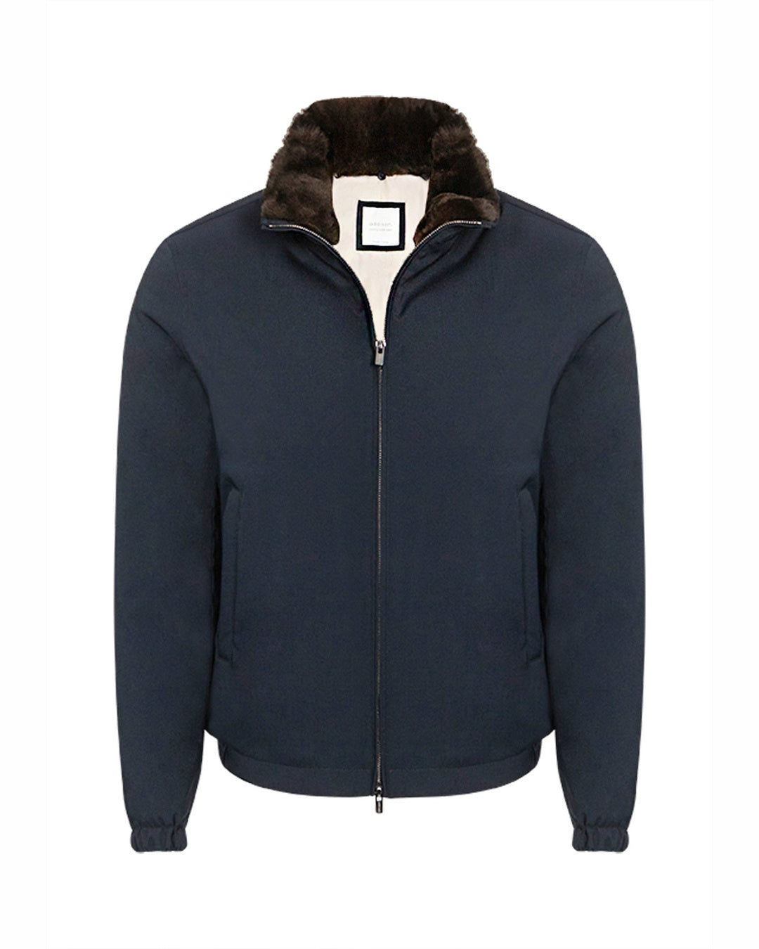 Men's Teo Nylon Bomber in navy, Loro Piana Green Storm System wool, detachable beaver fur collar, Addison Geneva #color_navy