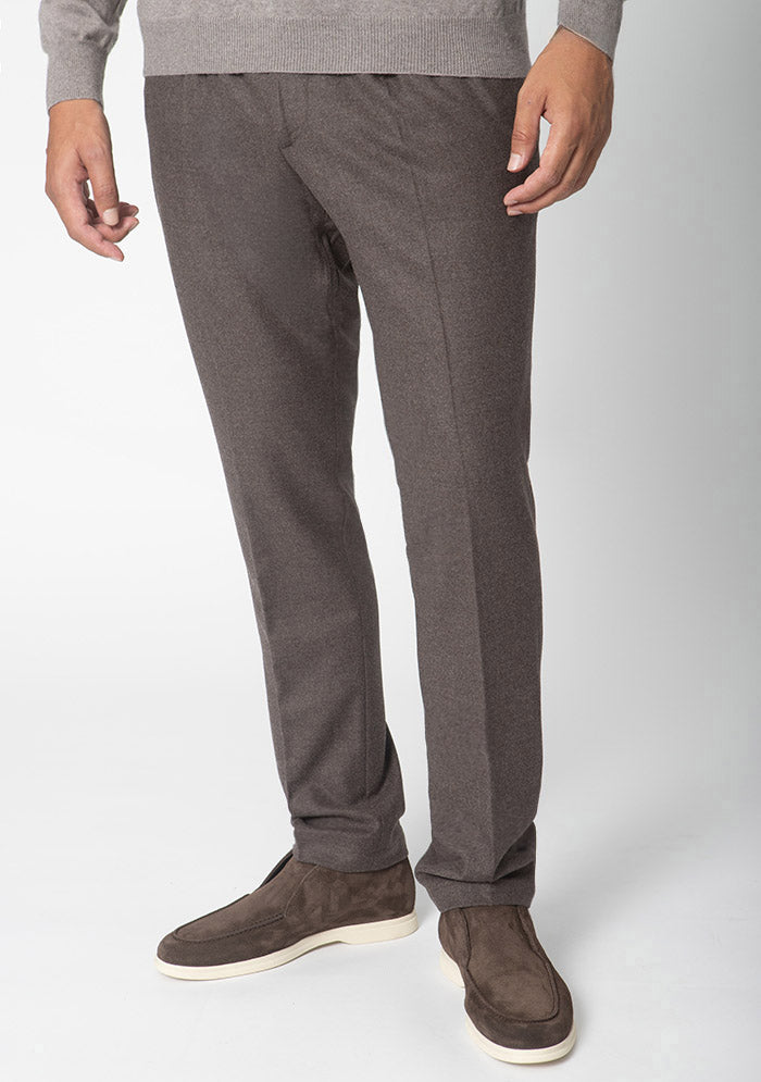 Aosta Wool Stretch Drawstring Trousers in dark brown, Loro Piana wool #color_TDM