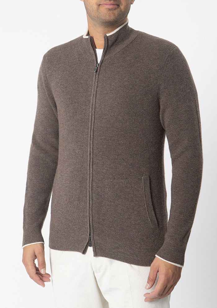 Men's Ancona Wool & Cashmere Full-Zip Sweater in grizzly brown, worn, luxury cashmere knitwear #color_grizzly1