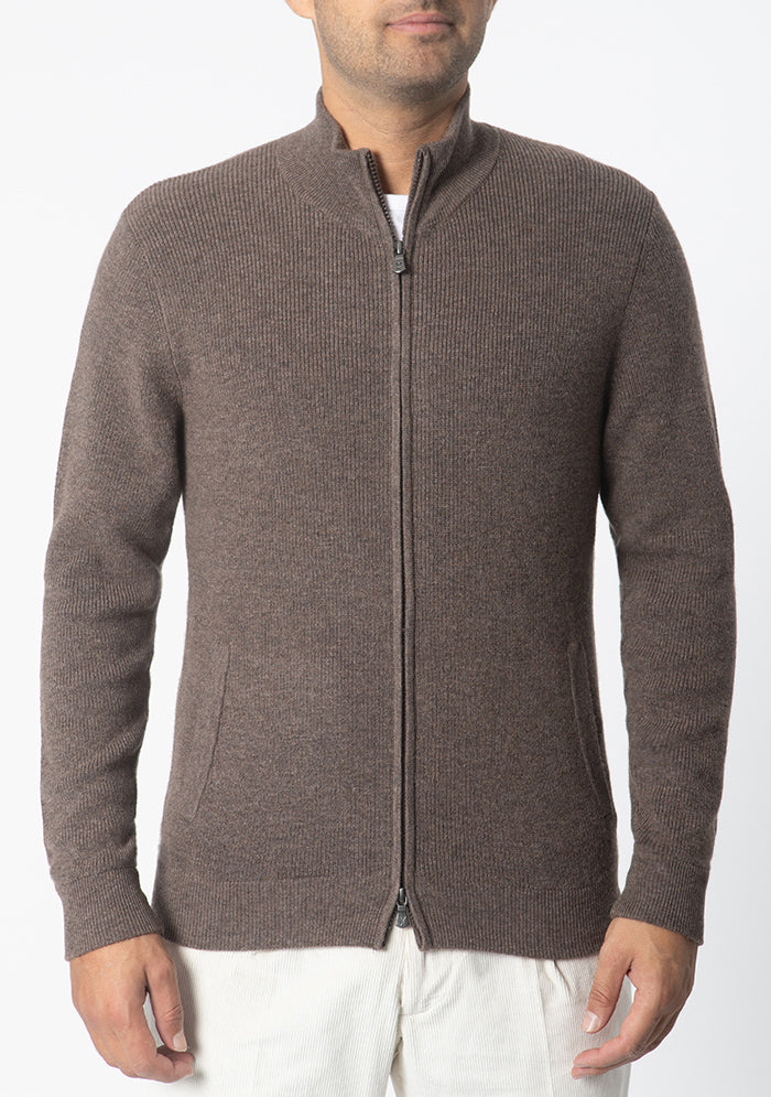 Men's Ancona Wool & Cashmere Full-Zip Sweater in grizzly brown, worn, luxury cashmere knitwear #color_grizzly2