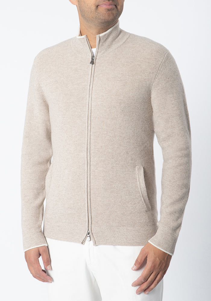 Men's Ancona Wool & Cashmere Full-Zip Sweater in millet beige, worn, luxury cashmere knitwear #color_MILLET 1