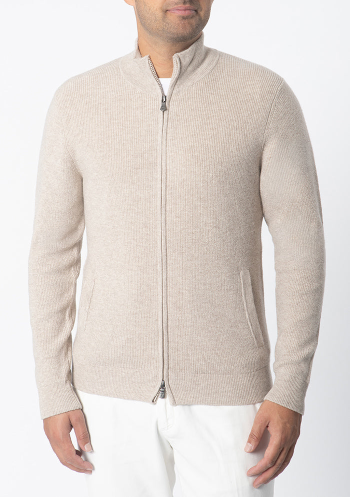 Men's Ancona Wool & Cashmere Full-Zip Sweater in millet beige, worn, luxury cashmere knitwear #color_MILLET 2