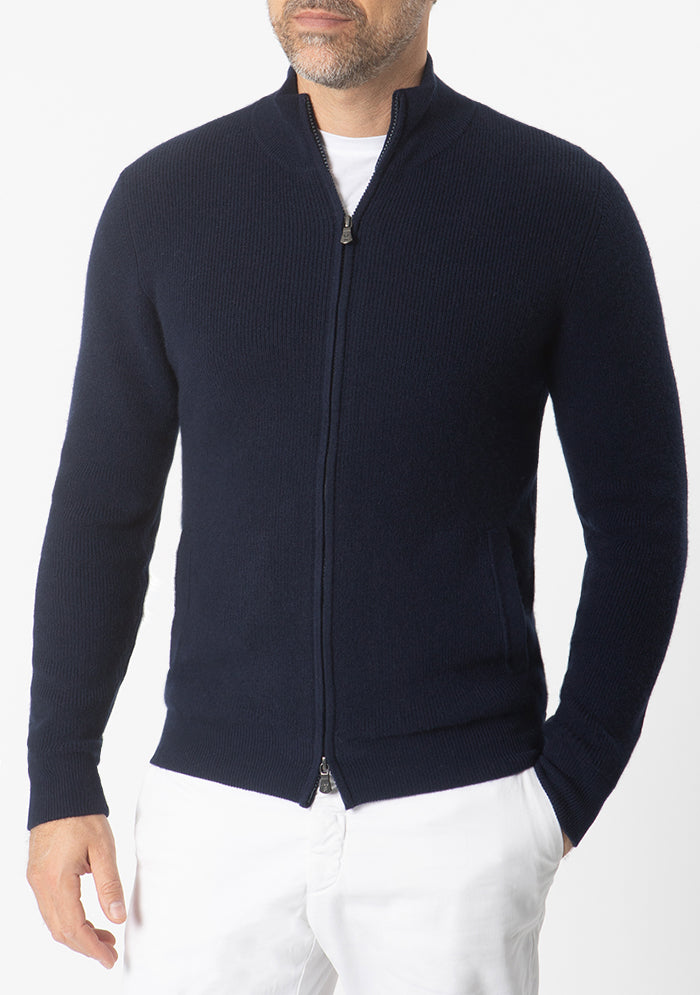 Men's Ancona Wool & Cashmere Full-Zip Sweater in navy, worn, luxury cashmere knitwear #color_NAVY