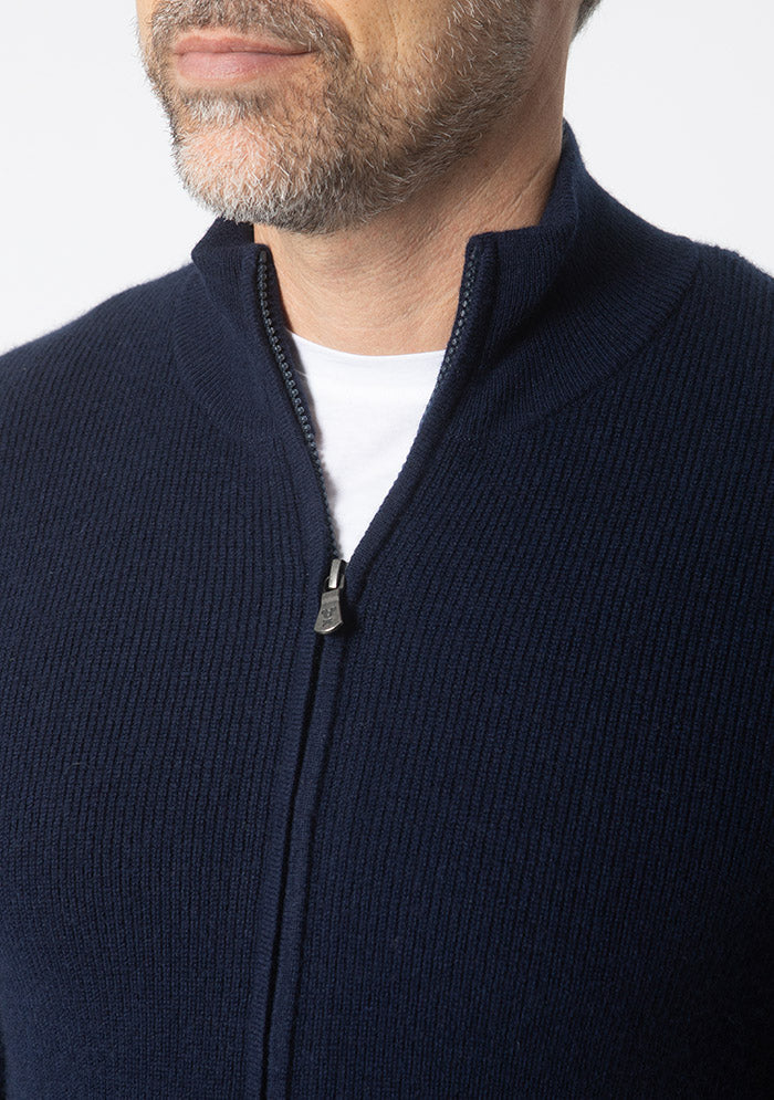 Men's Ancona Wool & Cashmere Full-Zip Sweater in navy, worn, two-way zip detail #color_NAVY
