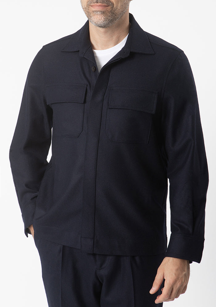 Men's Aosta navy wool overshirt, worn, Loro Piana Jersely fabric, Addison Geneva #color_blu