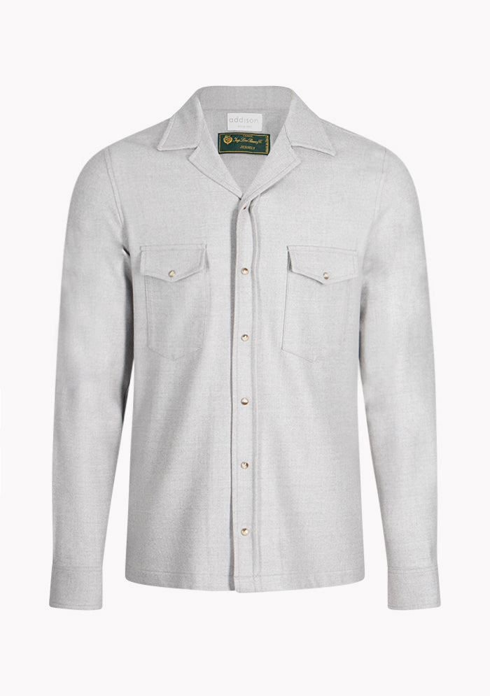 Men's Aosta Loro Piana wool overshirt in grey with camp collar and press-stud closure, Addison Geneva #color_GRIGIO