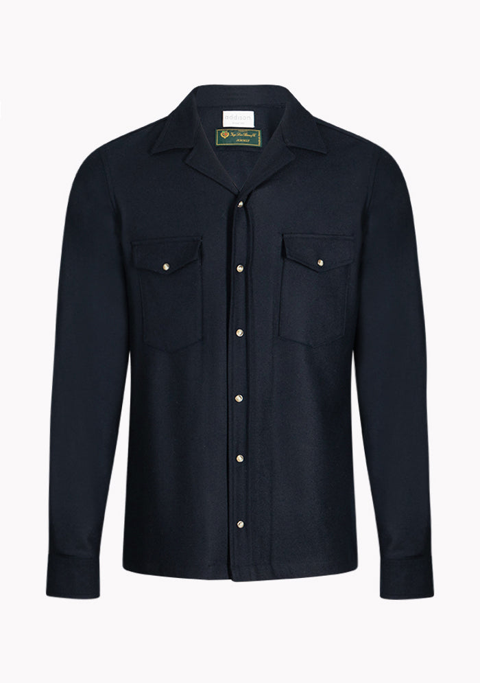 Men's Aosta Loro Piana wool overshirt in navy with camp collar and press-stud closure, Addison Geneva #color_BLU