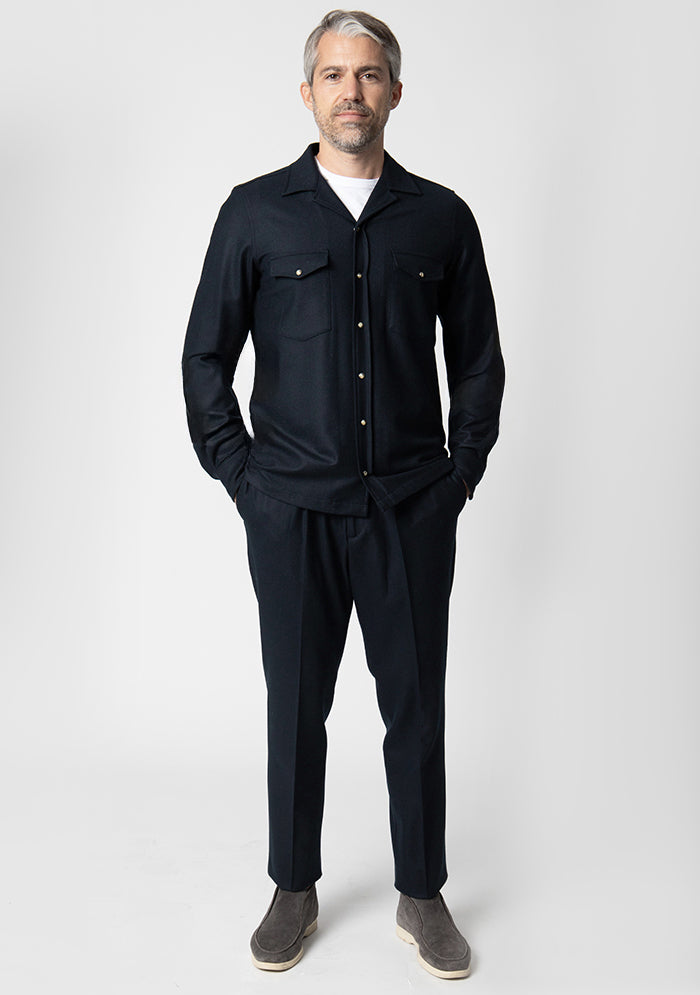 Men's Aosta navy wool overshirt, worn, Loro Piana Jersely fabric, made in Italy, Addison Geneva #color_BLU