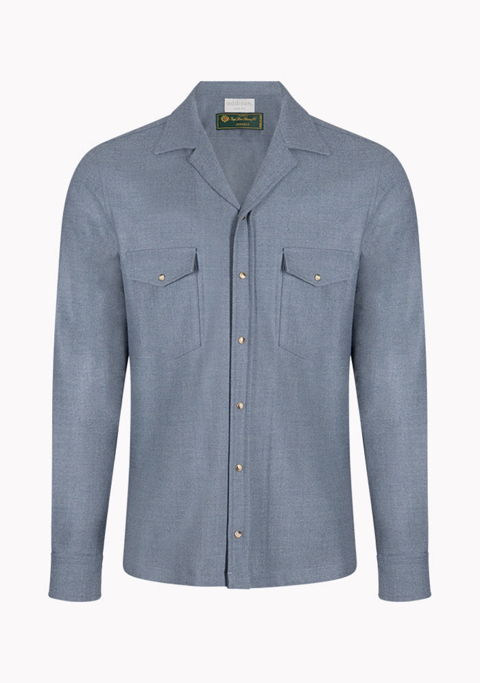 Men's Aosta Loro Piana wool overshirt in sky blue with camp collar and press-stud closure, Addison Geneva #color_CERCULEO