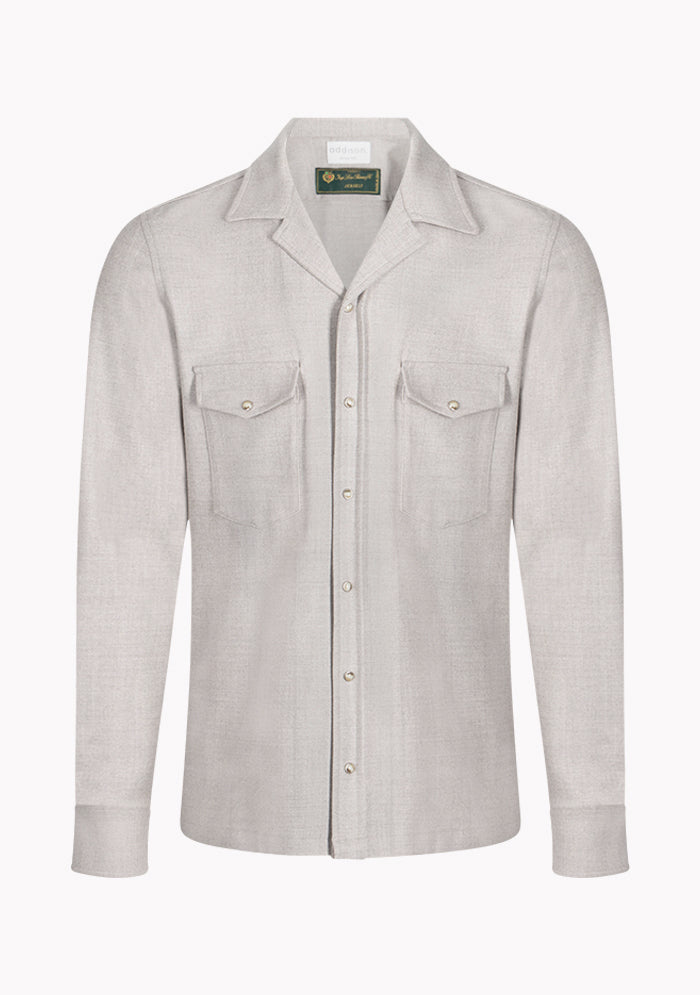 Men's Aosta Loro Piana wool overshirt in taupe with camp collar and press-stud closure, Addison Geneva #color_TALPA
