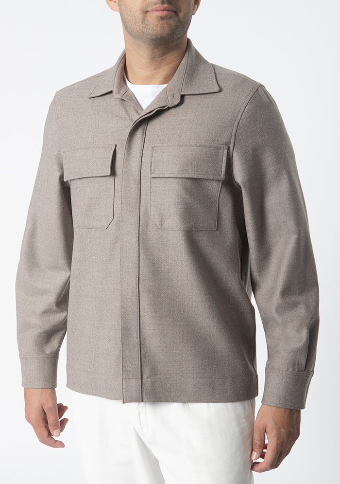Men's Aosta taupe wool overshirt, worn, Loro Piana Jersely fabric, Addison Geneva #color_talpa