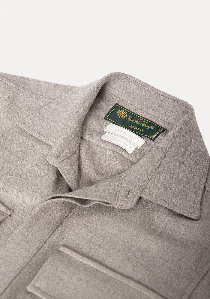 Aosta overshirt in taupe, point collar with Loro Piana Jersely label, made in Italy, Addison Geneva #color_talpa