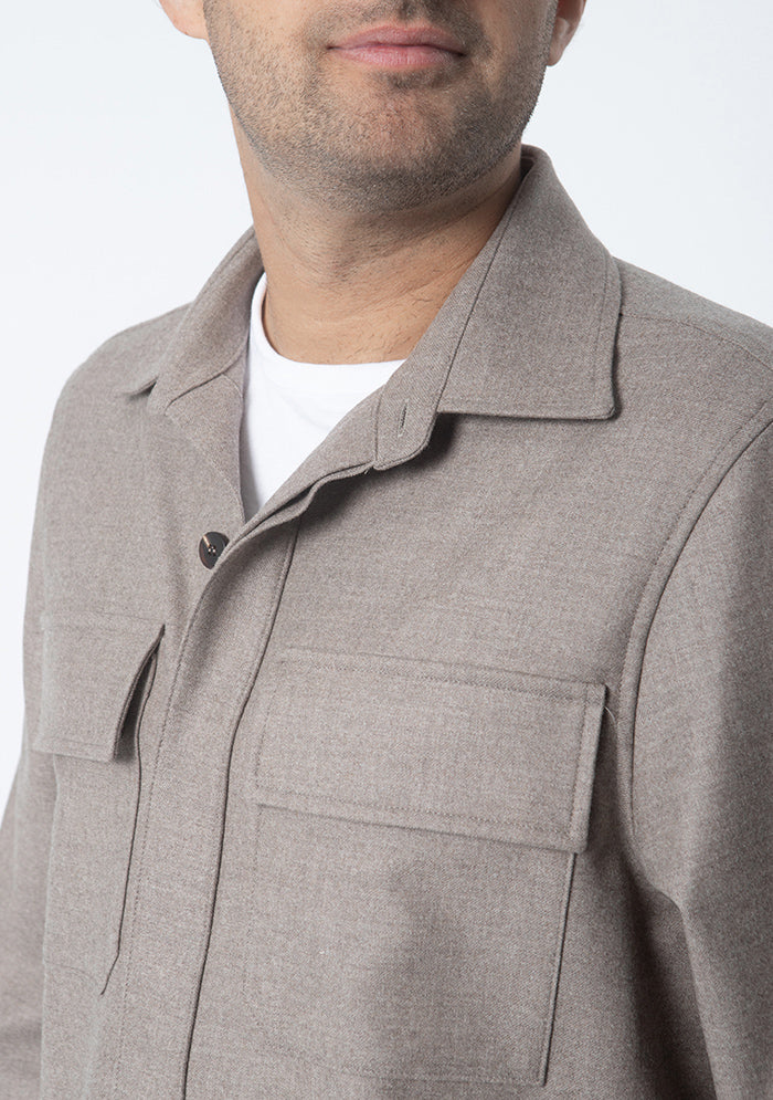 Men's Aosta overshirt in taupe, concealed placket detail, Addison Geneva #color_talpa